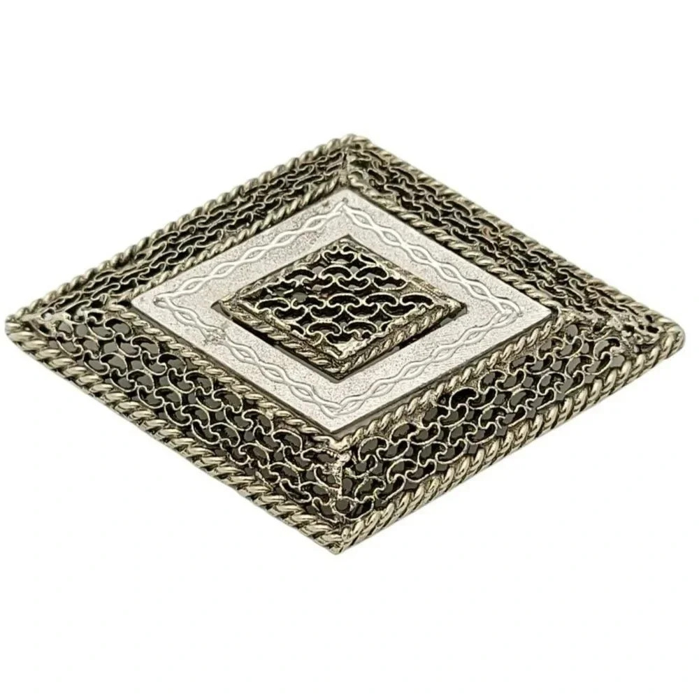 Pastelli Large Silver Tone Filigree Diamond Statement Brooch Over 3" In Size